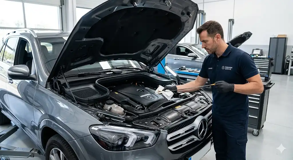 Revisión Mercedes GLE en Alcobendas​, capo abierto.