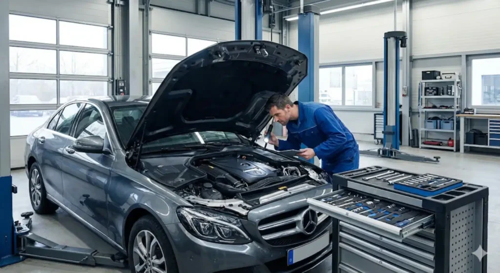 Mecánico haciendo la Revisión Mercedes Clase C en Alcobendas