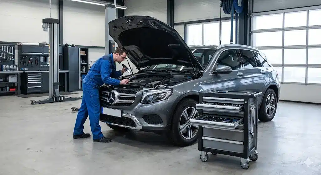 Revisión Mercedes Clase GLC en Alcobendas, capo abierto.
