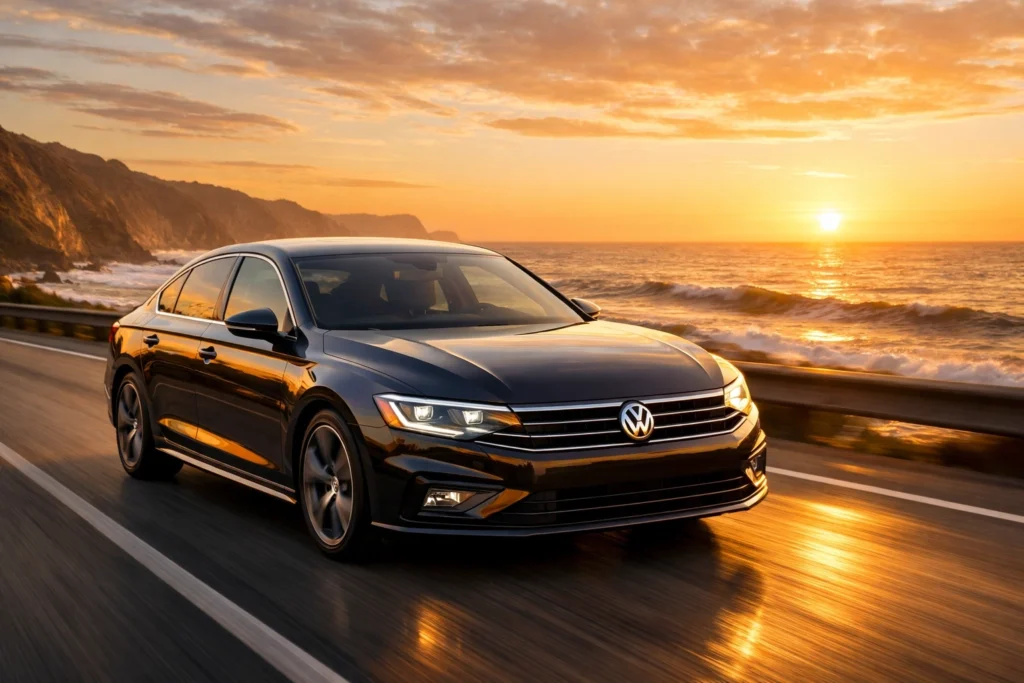 Taller Volkswagen en Alcobendas: Ilustración de un Volkswagen en una carretera junto al mar